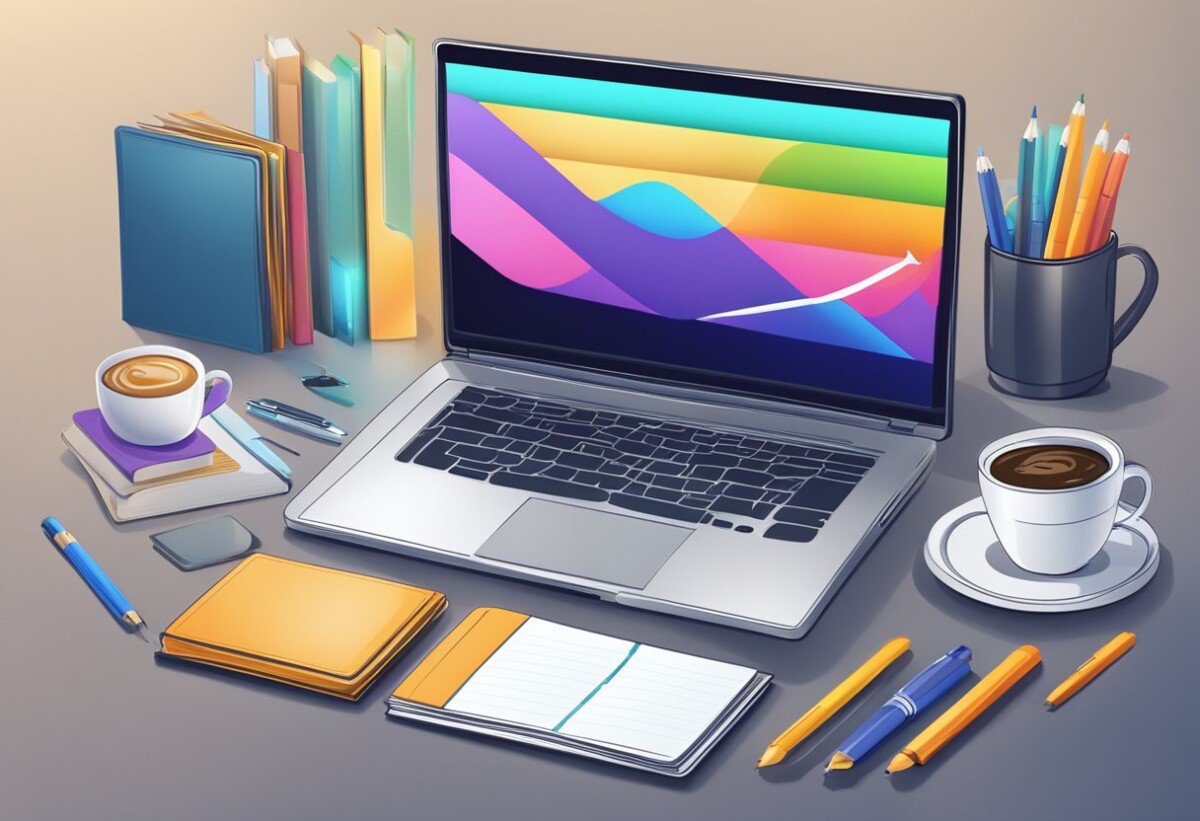 A laptop surrounded by books, pens, and a cup of coffee. A glowing brand logo displayed on the screen. A chart showing growth and success