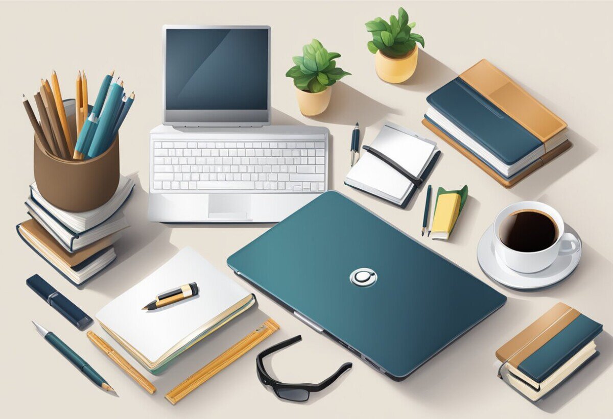 A laptop with a customized logo and a stack of books on a desk, surrounded by writing implements and a mug of coffee