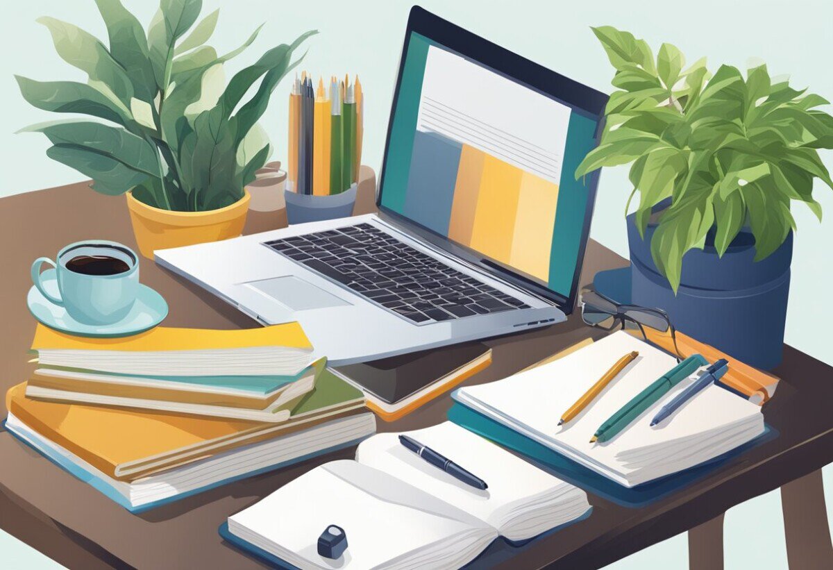 A desk cluttered with notebooks, pens, and a laptop. A stack of books on writing, a mug of coffee, and a plant in the background