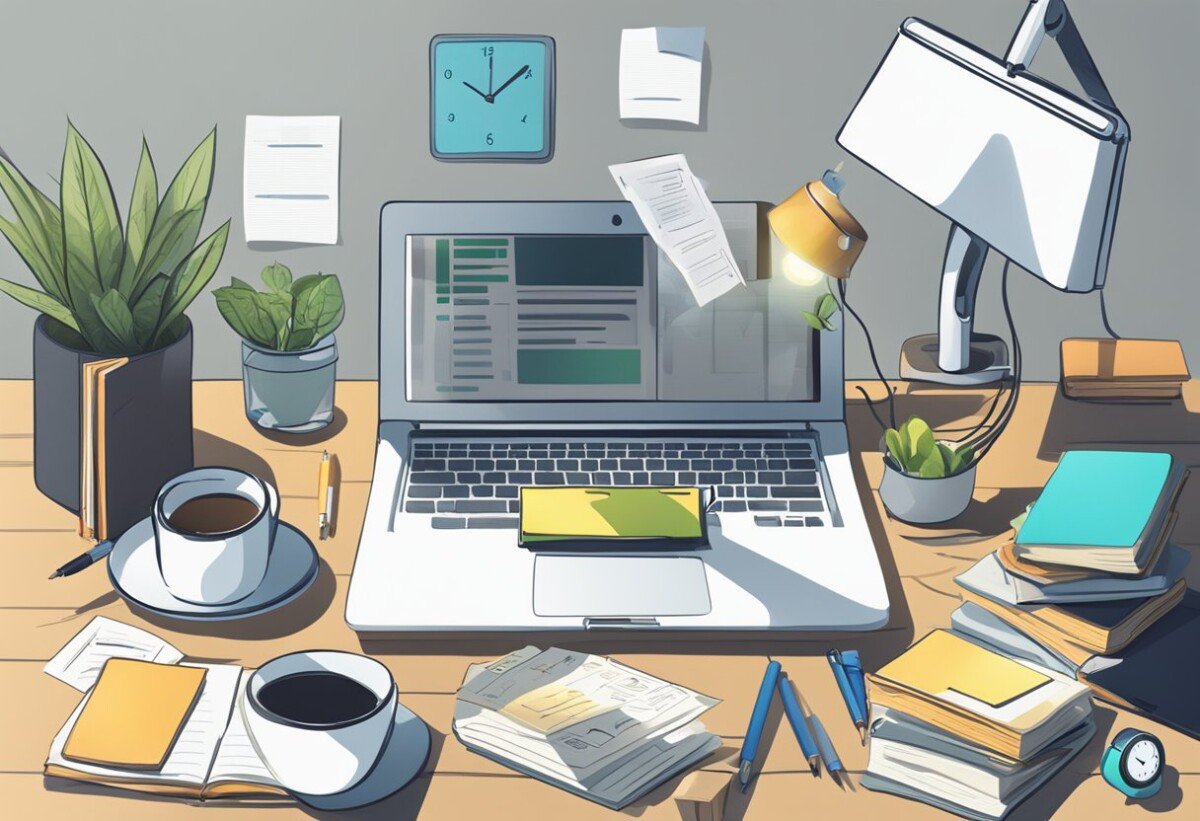 A cluttered desk with a computer, open books, and sticky notes. A timer ticking in the background as the copywriter types furiously