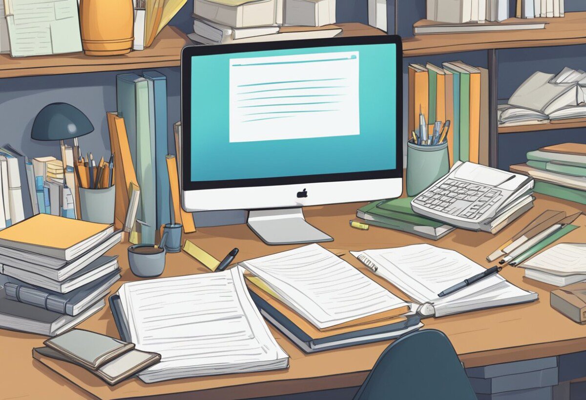 A cluttered desk with scattered papers, a laptop, and a stack of books. A timer set for 25 minutes sits next to a notepad and pen. A clear path leads to a neatly organized bookshelf