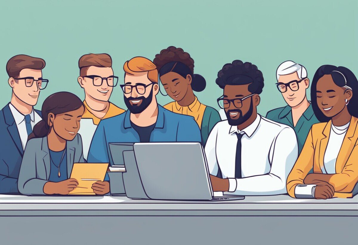 A group of diverse professionals gather around a freelancer, nodding in agreement as they review positive testimonials and endorsements on a laptop screen